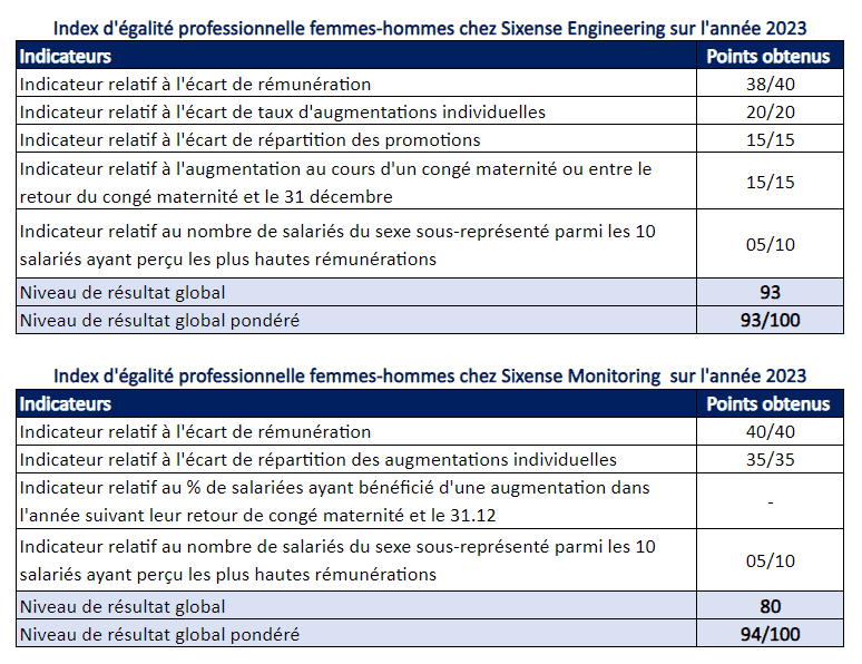 tableau d'index égalité homme femme 2024 au regard de l'année 2023. Résultat 93/100 pour Sixense Engineering et 94/100 pour Sixense Monitoring